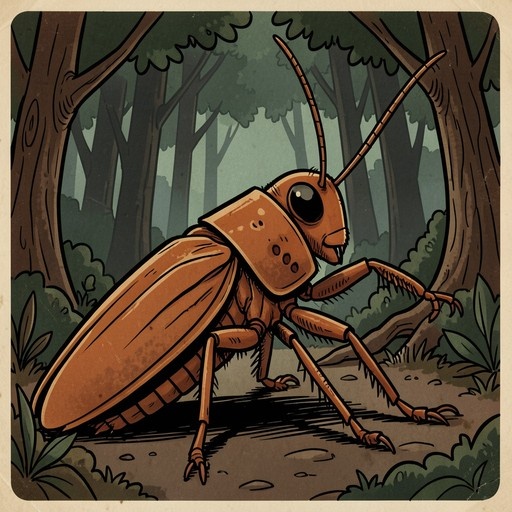 A large brown beetle with long antennae stands on a dirt path in a forest setting, depicted in a stylized illustrative manner.