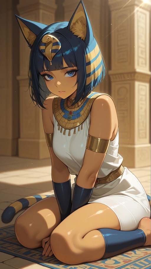 A tan-skinned anime-style cat girl with blue hair and large ears kneels on a rug in an ancient Egyptian temple, wearing a white dress and gold jewelry.