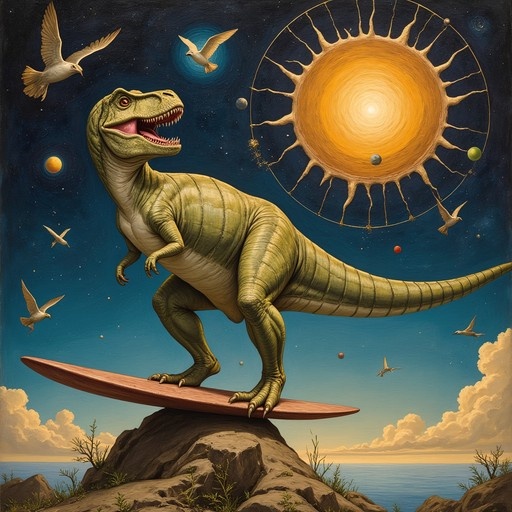 A green Tyrannosaurus Rex standing on a surfboard atop a rocky cliff with a surreal background of a large sun and flying birds.