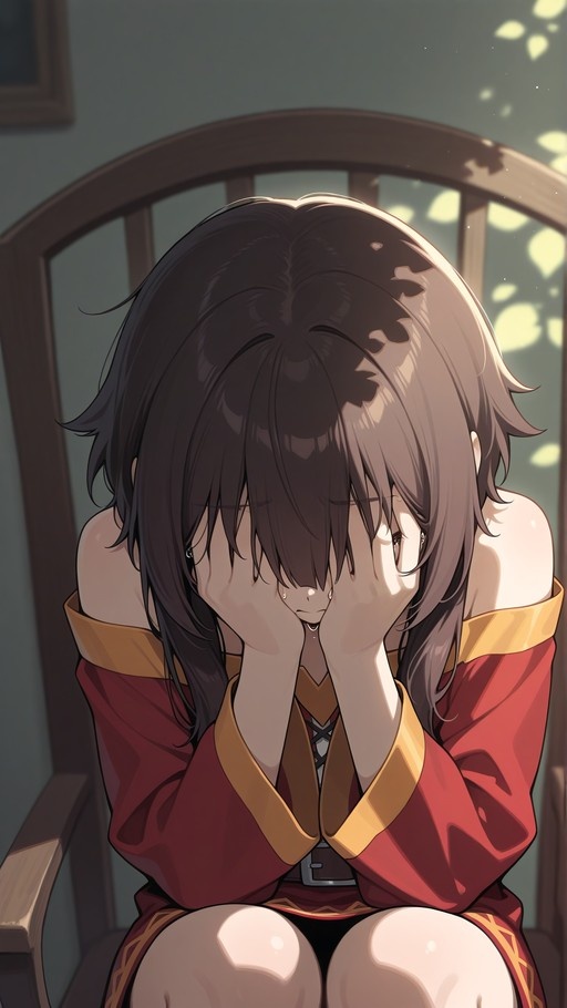 Megumin from Konosuba sits on a wooden chair with her hands covering her face, appearing to cry in the sunlight.