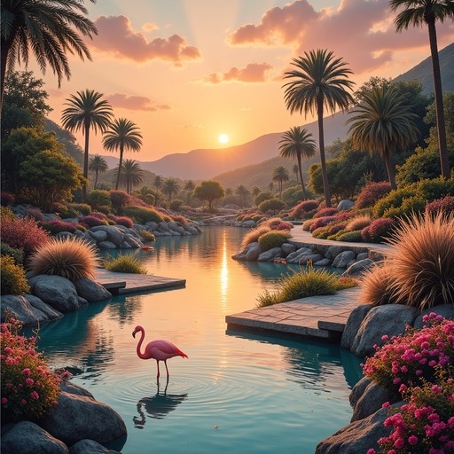 A pink flamingo wading in calm water surrounded by palm trees and flowers during a vibrant sunset.