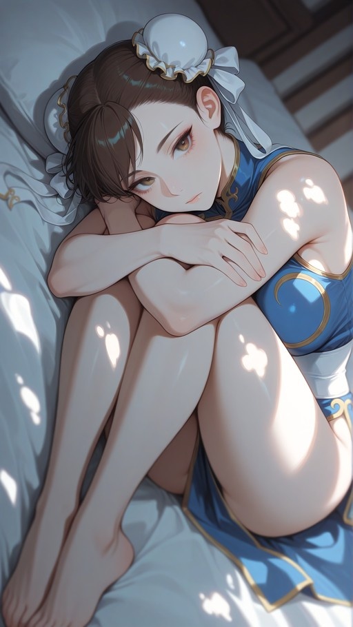 Chun-Li from Street Fighter lying on a bed in her blue dress with gold trim, looking at the viewer.