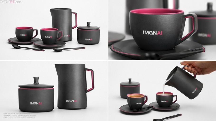 A four-panel concept study of an IMGN espresso set in matte black with magenta accents, featuring ceramic cups, a stainless steel pitcher, and a hand pouring milk.