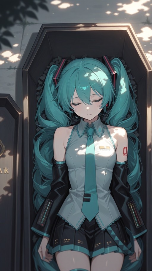 Hatsune Miku lying in a black coffin with sunlight on her face