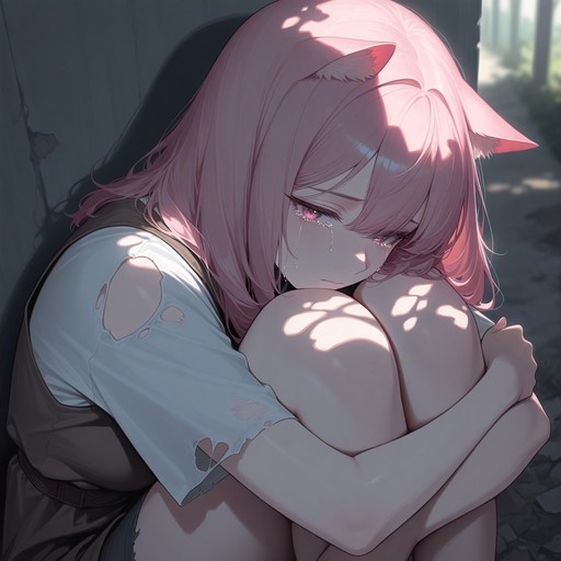 A pink-haired anime girl with cat ears sits hugging her knees and crying in dappled sunlight while wearing a torn white shirt.