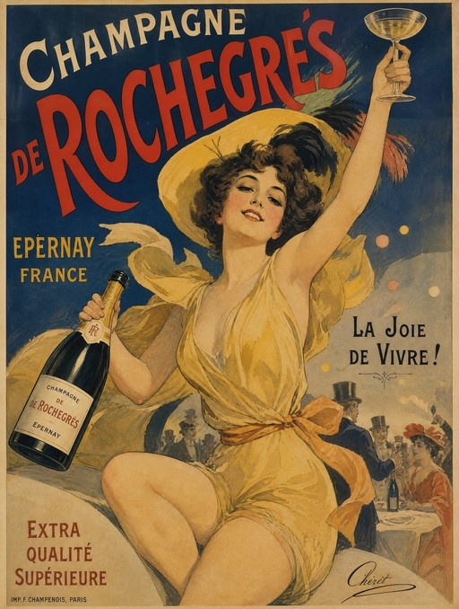 A vintage poster for Champagne de Rochegrés featuring a smiling woman in a yellow dress and large hat holding a champagne bottle and raising a glass with the text La Joie de Vivre.