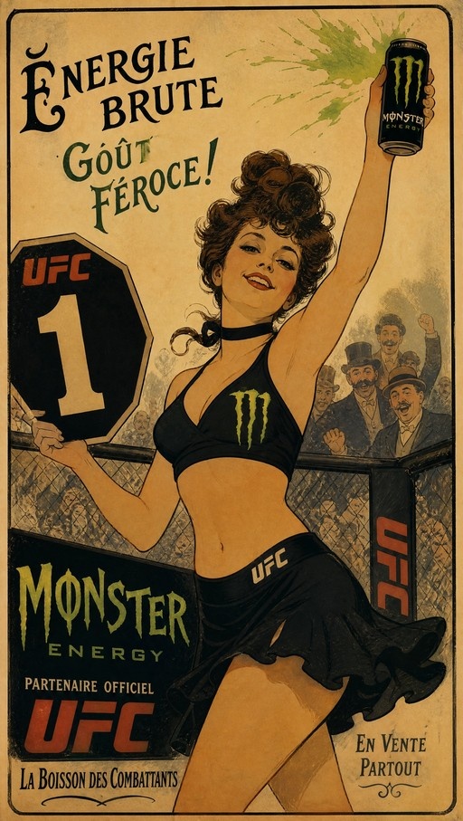 A vintage poster illustration of a smiling ring girl holding a Monster Energy can and a UFC sign, with French advertising text in the background.