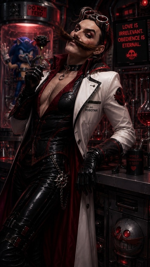 A slender character resembling Dr. Ivo Robotnik with a large mustache and goggles holds a black rose in a red-lit laboratory while Sonic the Hedgehog watches from a glass tube behind him.