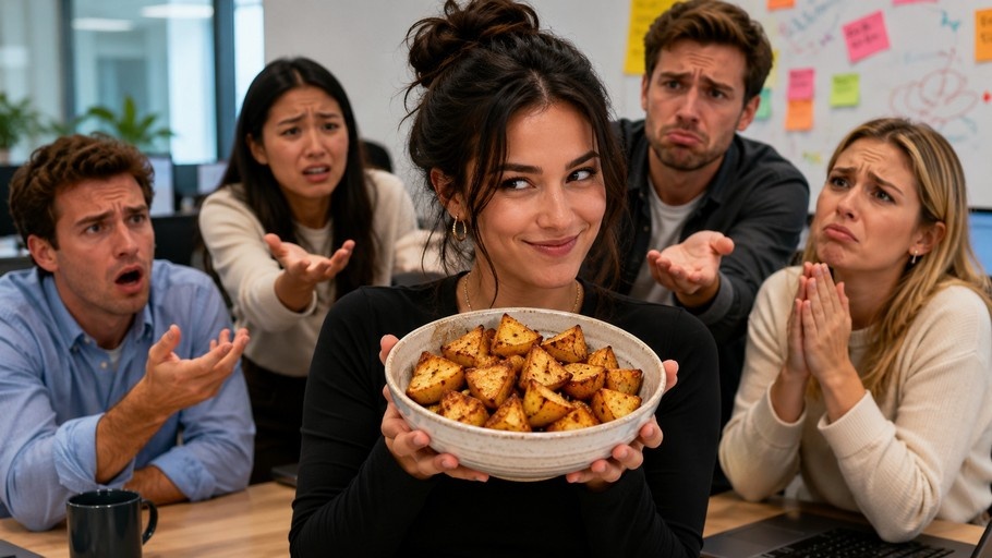 A woman holding a large bowl of roasted potatoes while four coworkers look on with jealousy in an office.