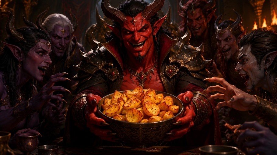 A red-skinned demon with large curved horns and spiked armor holds a golden bowl filled with roasted potatoes while surrounded by other eager demons reaching for the food.