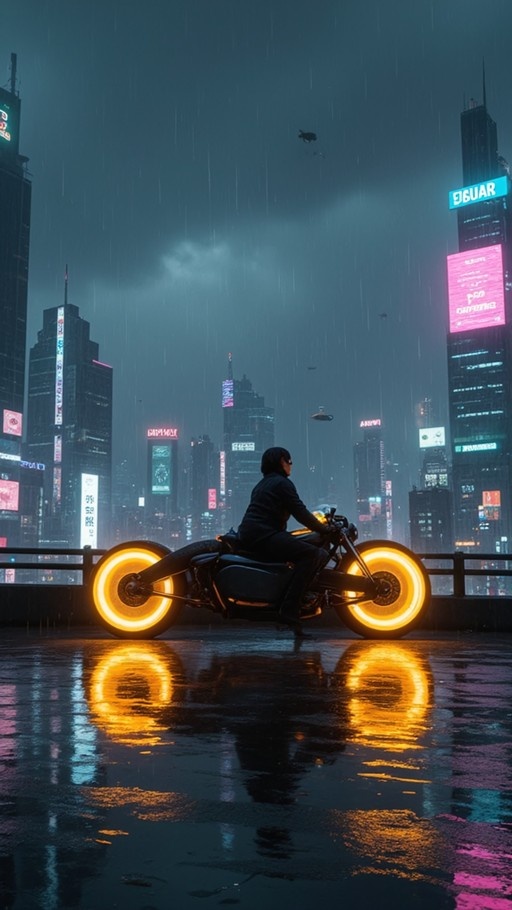 A person on a motorcycle with glowing orange wheels sits in the rain facing a neon-lit cyberpunk city skyline at night.