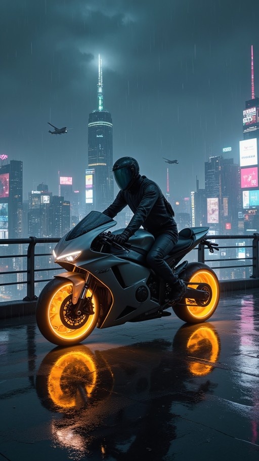 A cyberpunk motorcyclist in a black leather suit and helmet sits on a sleek bike with glowing orange wheels on a wet rooftop overlooking a rainy neon city skyline at night.