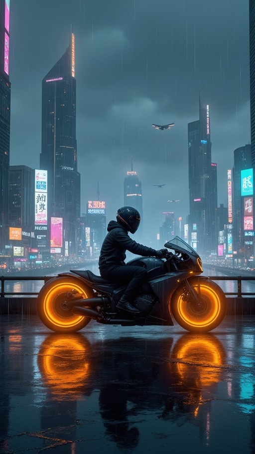 A side view of a person in a black helmet riding a motorcycle with bright orange glowing wheels on a wet street in a rainy cyberpunk city with tall buildings and flying vehicles in the background.