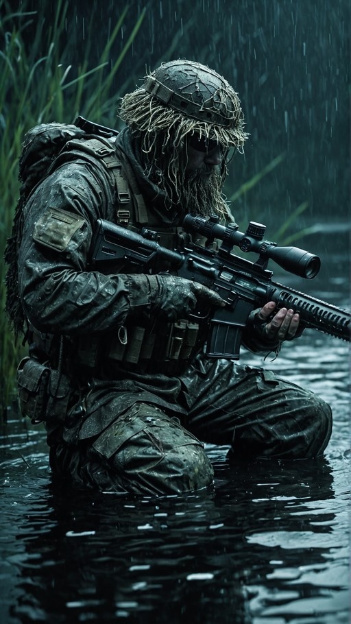 A bearded soldier in dark camouflage and a netted helmet kneels in rain-soaked water while holding a scoped assault rifle.
