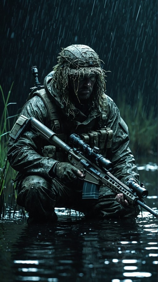 A camouflaged soldier crouches in shallow water at night, holding a scoped assault rifle while heavy rain falls around him.