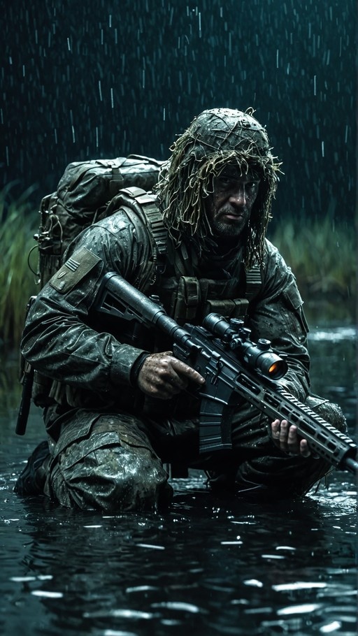 A male soldier in muddy camouflage gear and a helmet with netting kneels in shallow water while holding an assault rifle during heavy rain.