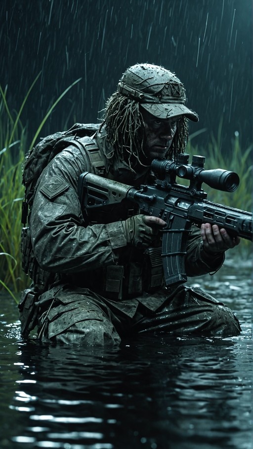 A soldier with dreadlocks kneels in rain-soaked water holding a scoped assault rifle while wearing full tactical gear.