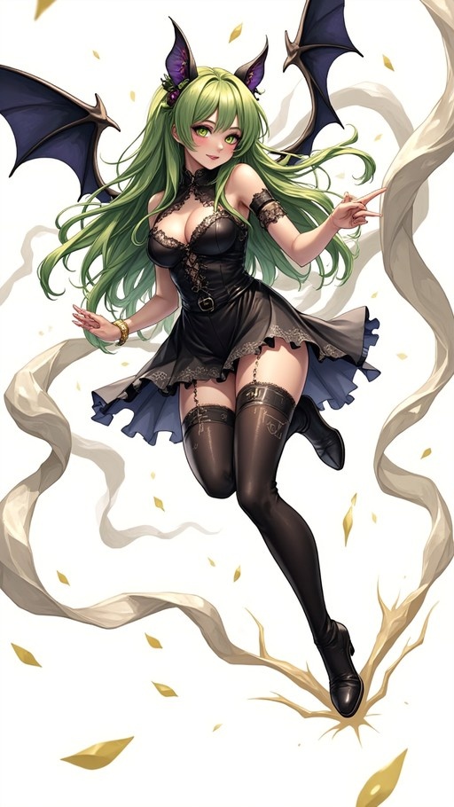 Green-haired anime girl with large black bat wings wearing a short black lace dress and thigh-high stockings, floating against a white background with golden leaves.