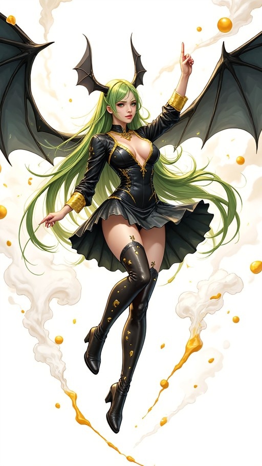 Morrigan Aensland with green hair and bat wings in a black dress floating amidst golden magic splashes.