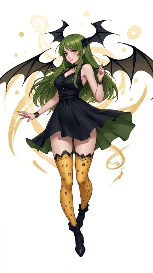 Full-body illustration of Morrigan Aensland with long green hair and black bat wings, wearing a short black dress and yellow animal-print thigh-highs.