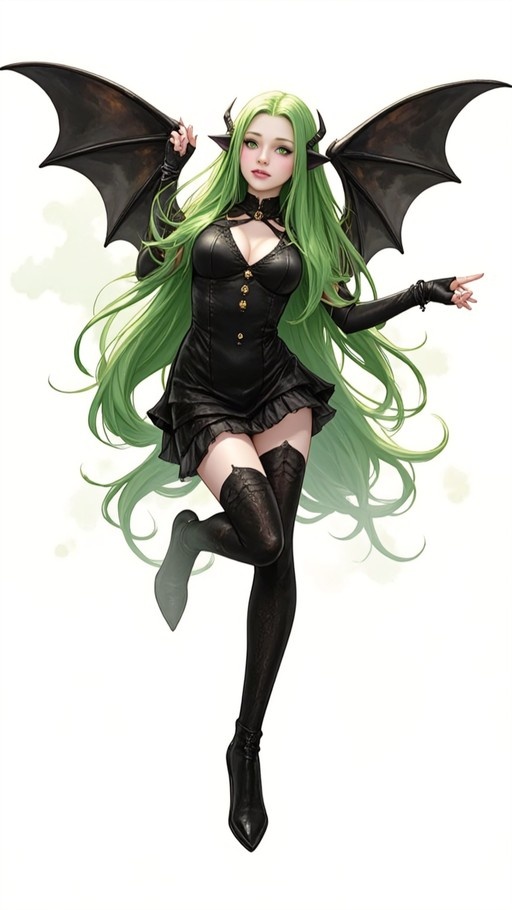Green-haired demon girl with bat wings wearing a black dress