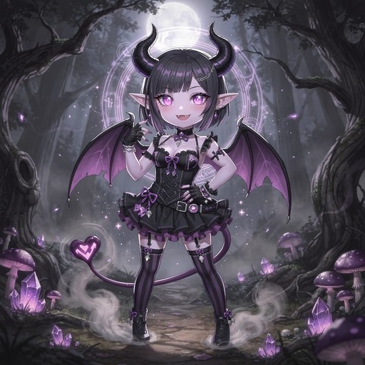 Chibi anime girl with black hair, horns, and purple wings wearing a gothic lolita dress in a forest with mushrooms.