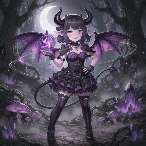 Full-body illustration of an anime demon girl with curved horns and bat wings, wearing a gothic dress and striped socks while holding a glowing purple orb in a magical forest filled with crystals and mushrooms.