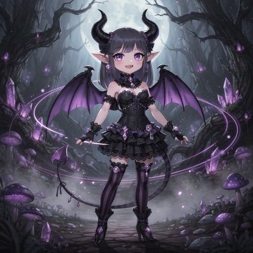 Anime-style demon girl with black horns and purple wings standing in a mystical forest with glowing mushrooms under a full moon