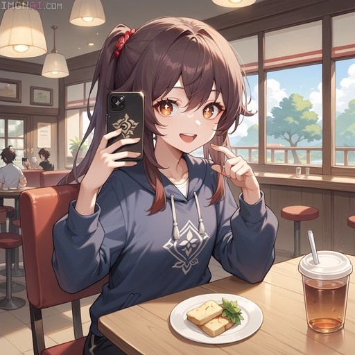 An illustration of Hu Tao from Genshin Impact taking a selfie in a cafe while wearing a blue hoodie.
