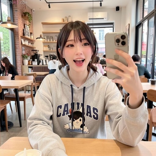 A young Asian woman with dark hair and bangs smiles widely while taking a selfie in a cafe, wearing a grey hoodie with a cartoon graphic.
