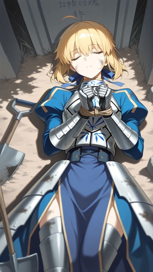 A blonde anime woman in blue and silver armor lies on her back in a graveyard with her hands tied together at the chest, eyes closed, next to a shovel.