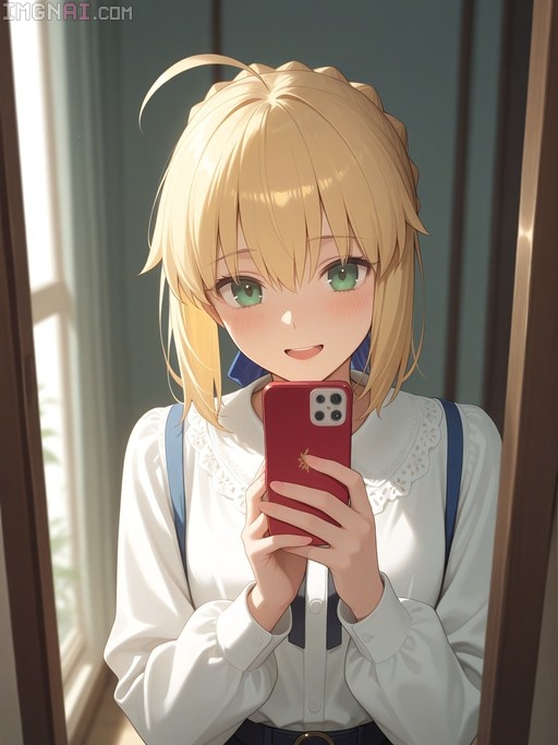 Artoria Pendragon from Fate/stay night taking a mirror selfie with a red phone, wearing a white shirt and blue suspenders.