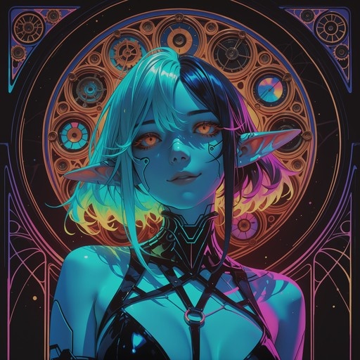 Blue-skinned elf girl with two-toned cyan and black hair and orange eyes wearing a black harness in front of a circular gear mechanism