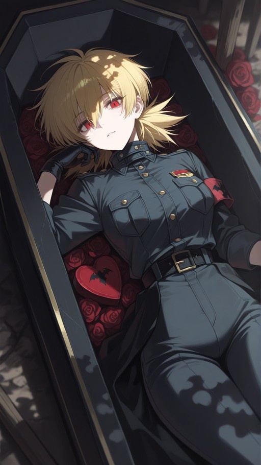 Blonde anime girl in military uniform lying in coffin with red roses and heart shaped box