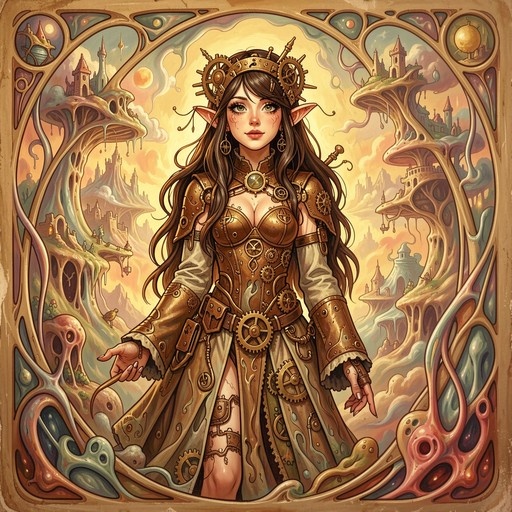 Steampunk elf woman in brass gear armor standing before a surreal fantasy landscape