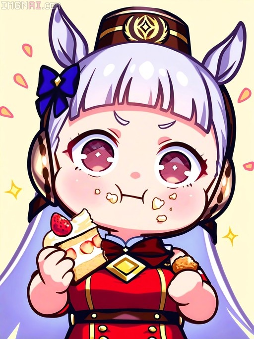 A chibi-style digital drawing of Gold Ship from Uma Musume wearing a red uniform and hat, holding a slice of strawberry shortcake with crumbs on her face.