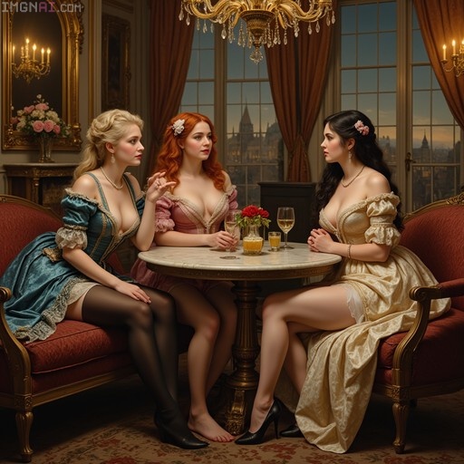 Three women in low-cut Rococo gowns sitting around a table with wine glasses in a candlelit room.