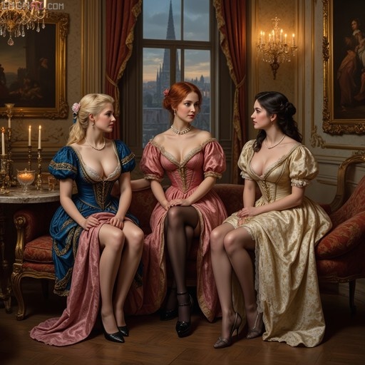 Three women in colorful Rococo gowns sitting on a sofa in a candlelit room with a window view.