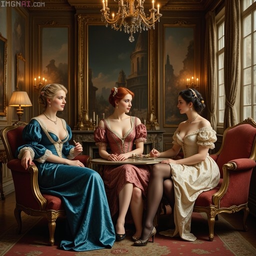 Three women in colorful Rococo gowns sitting around a table in an ornate room with paintings and a chandelier.