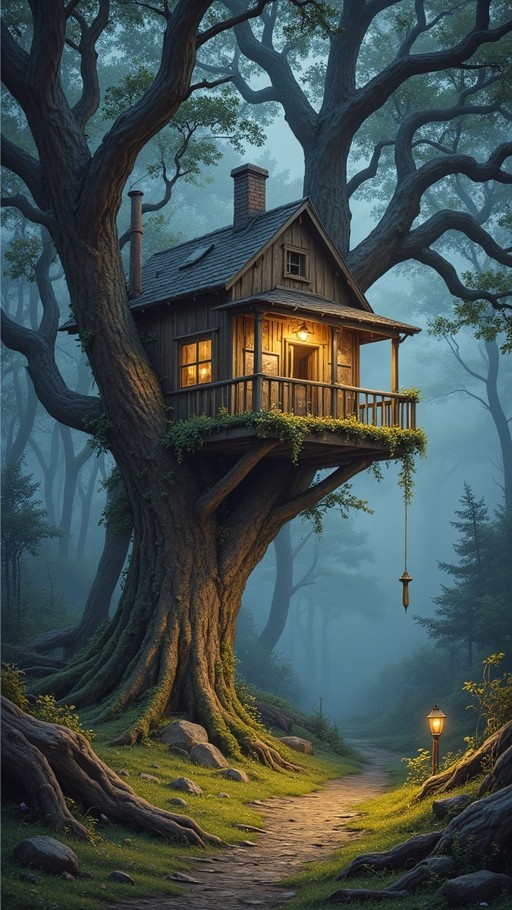 A cozy wooden treehouse perched in a giant tree, glowing with warm light against a misty forest backdrop at night.