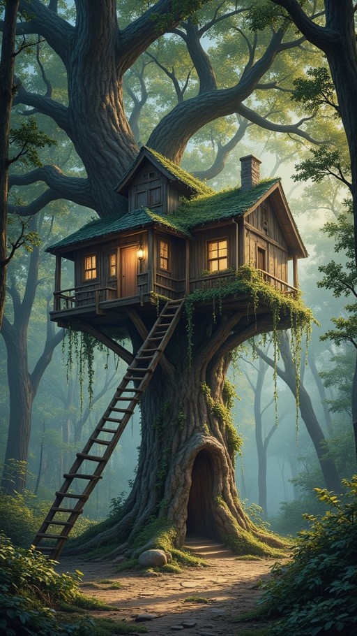 A digital illustration of a cozy, moss-covered wooden treehouse perched high in an ancient tree within a misty forest, featuring glowing windows and a wooden ladder.
