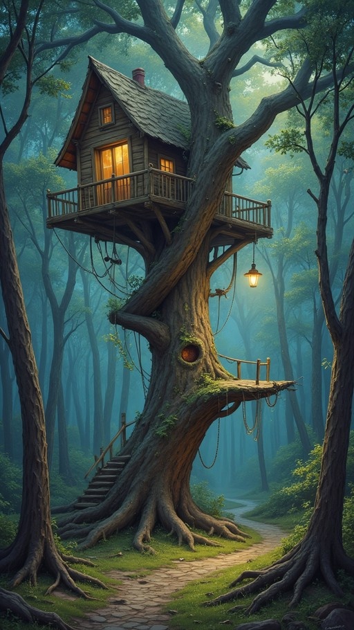 A large old tree with a wooden house built into its branches, featuring glowing windows and a hanging lantern, set in a foggy green forest with a stone path leading to it.