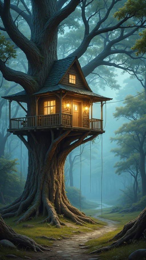 A wooden treehouse built into a large tree trunk with glowing windows and porch lights, set in a foggy forest with a dirt path.