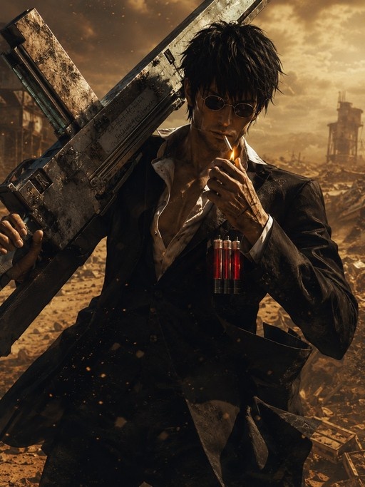 A man with black hair and sunglasses smoking a cigarette while holding a large gun over his shoulder in a ruined landscape.