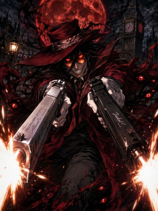 Alucard from Hellsing wearing a red coat and hat, holding two large pistols labeled Alucard and Jackal, firing them with muzzle flashes, standing in front of Big Ben under a large red moon.