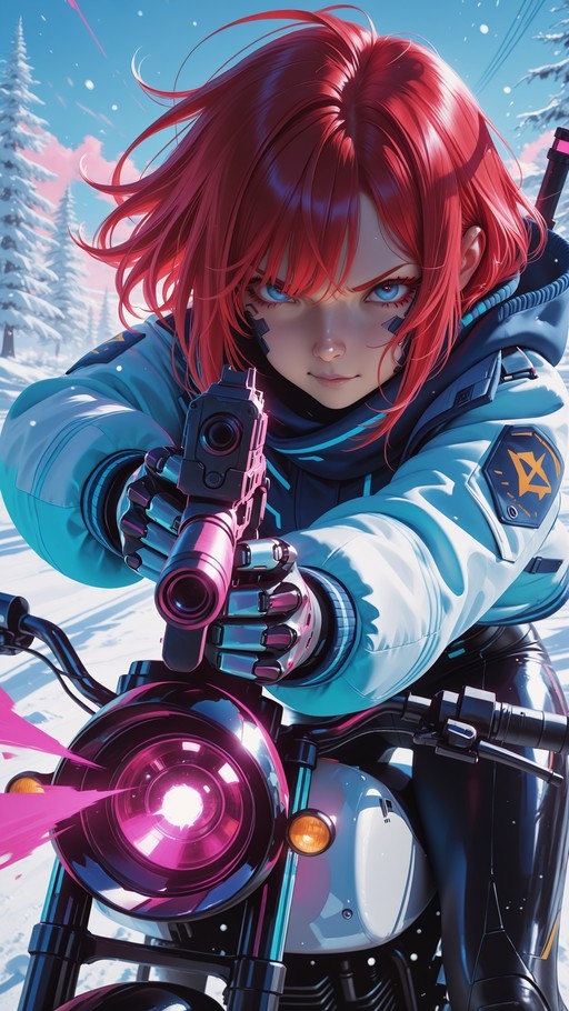 A red-haired anime-style cyborg woman with blue eyes and facial implants aims a futuristic gun at the viewer while sitting on a motorcycle in a snowy landscape.
