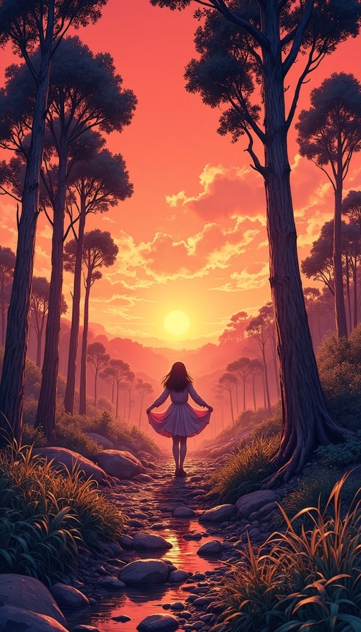 A girl with long hair walks away down a rocky forest path towards a bright orange sunset, holding the hem of her dress as tall trees line the way.