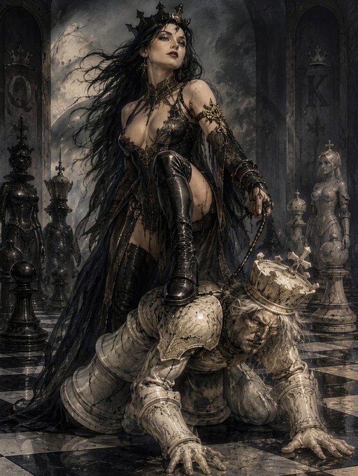 A dark fantasy illustration of a Chess Queen in ornate black armor standing over a kneeling marble King piece while holding his leash on a giant checkered board.