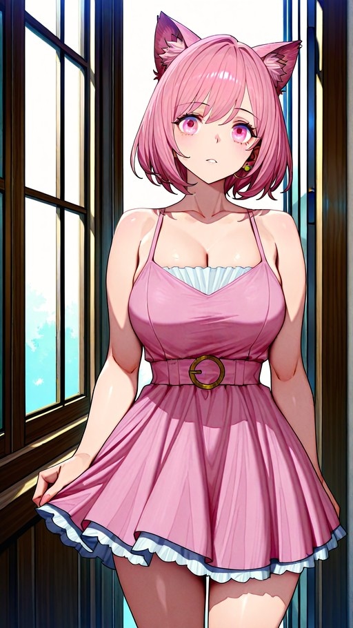 Pink-haired anime cat girl in a pink pleated dress standing by a window holding her skirt.