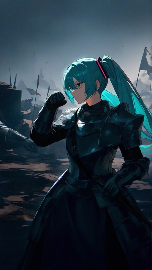 Hatsune Miku in dark plate armor stands with a raised fist against a misty battlefield backdrop.